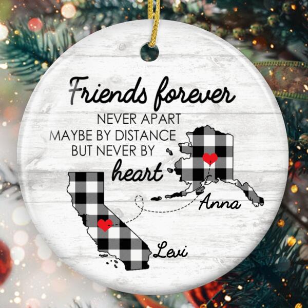 Friends Forever Never Apart - Plaid State Ornament - Custom Names - Long Distance Bauble - Gift For Bestie