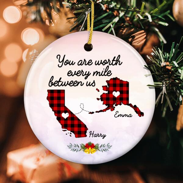 You Are Worth Every Mile Between Us - Plaid State Ornament - Personalized Names - Gift For Couple