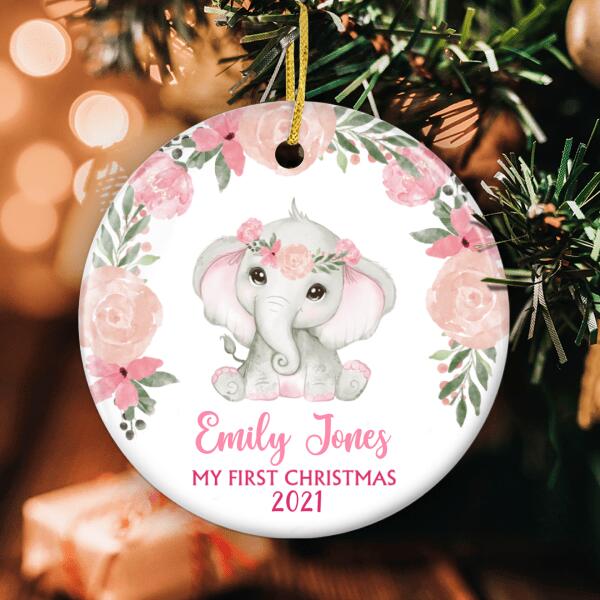 My 1st Christmas Ornament - Cute Elephant Bauble - Custom Baby Name Ornament - Xmas Gift For Daughter