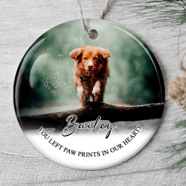 You Left Paw Prints In Our Hearts - Custom Photo & Name - Memorial Ornament - Gift For Loss Of Pet
