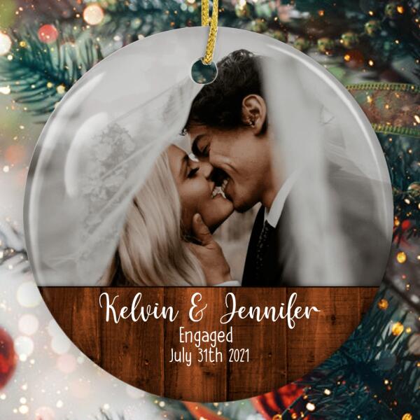 Engaged Ornament - Custom Couple Photo & Name Bauble - Engagement Party Decor - Gift For New Couple