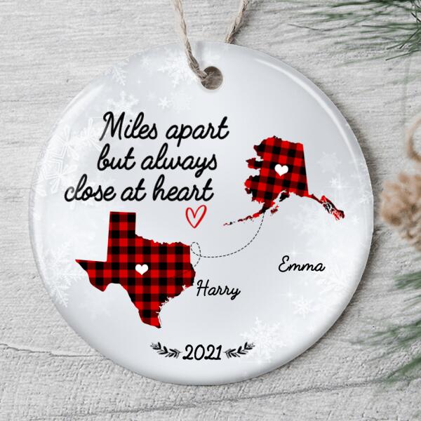 Miles Apart But Always Close At Heart - Plaid State Ornament - Personalized Names - Gift For Couple