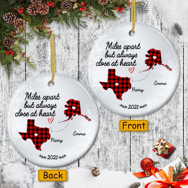Miles Apart But Always Close At Heart - Plaid State Ornament - Personalized Names - Gift For Couple