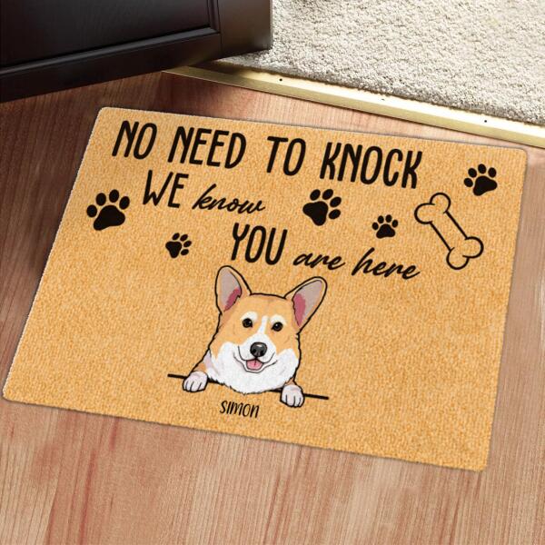 No Need To Knock - We Know You Are Here - Personalized Custom Peeking Dog Name Doormat Gift