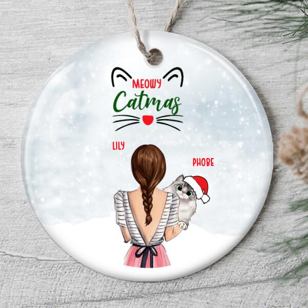 Meowy Catmas Ornament - Girl And Cat Bauble - Custom Hairstyle & Cat Breed - Funny Xmas Gift For Cat Lover