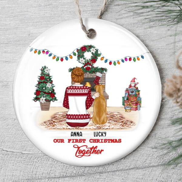 Our 1st Christmas Together - Girl & Dog Ornament - Custom Hairstyle & Dog Breed - Xmas Gift For New Dog Mom