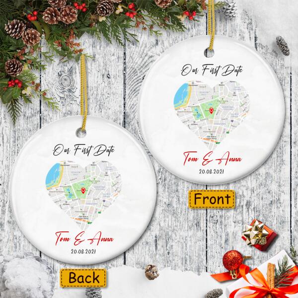 Our First Date - Personalized Custom Map Keepsake Ornament - Gift For Just Married Couple