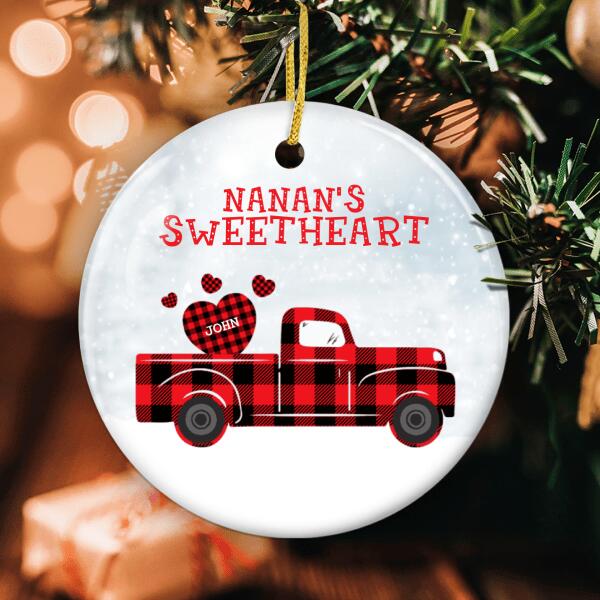 Nana's Sweethearts Ornament - Red Plaid Truck Bauble - Personalized Kid Name - Xmas Gift For Grandma
