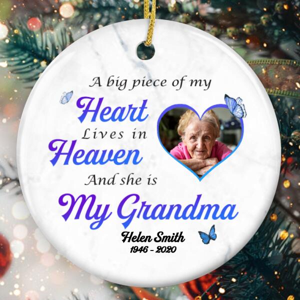 A Big Piece Of My Heart Ornament - Grandma Memorial Ornament - Custom Photo & Name - Grief Loss Gift