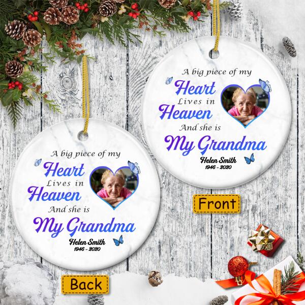 A Big Piece Of My Heart Ornament - Grandma Memorial Ornament - Custom Photo & Name - Grief Loss Gift