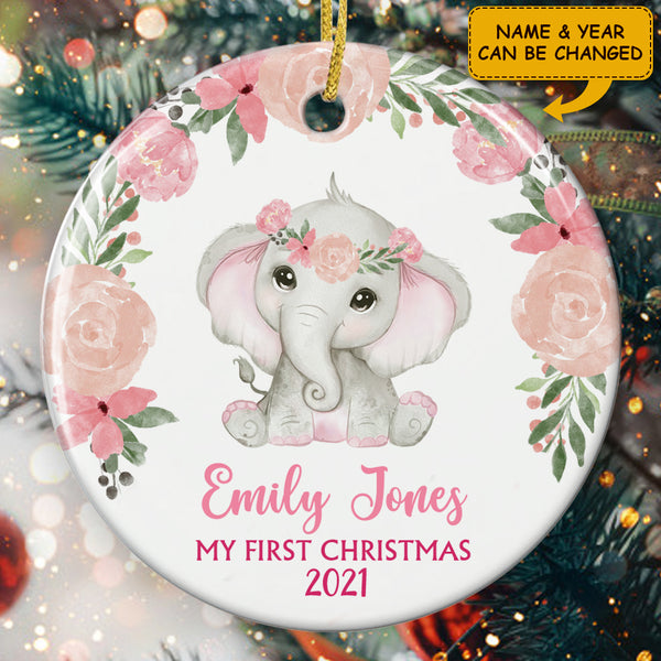 My 1st Christmas Ornament - Cute Elephant Bauble - Custom Baby Name Ornament - Xmas Gift For Daughter
