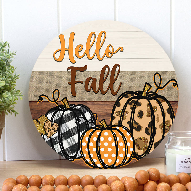 Autumn Leopard Pumpkin Door Sign - Hello Pumpkin Door Hanger - Hello Fall Farmhouse Decor