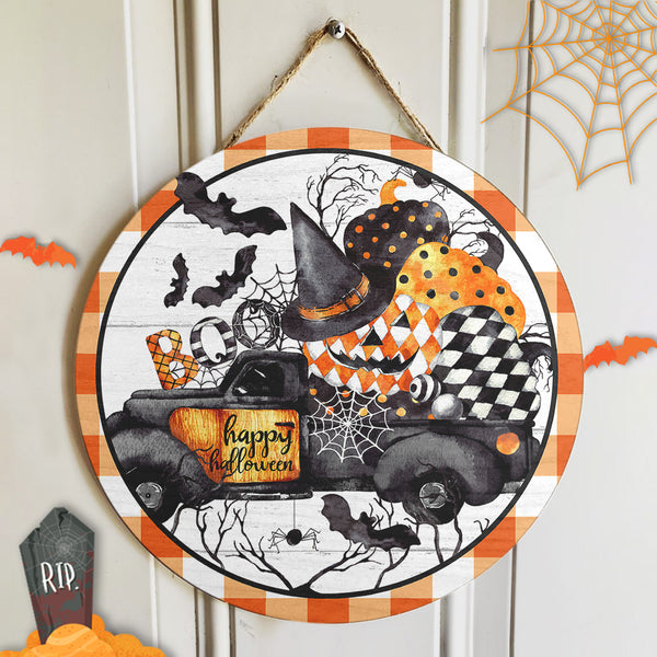 Boo - Happy Halloween - Diamond Pattern Pumpkin - Plaid Sign - Horror Halloween Door Sign Decor