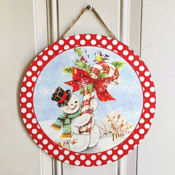 Cute Snowman - Candy Cane Sign - Polka Dots Door Hanger - Christmas House Decor - Joyful Xmas Gift