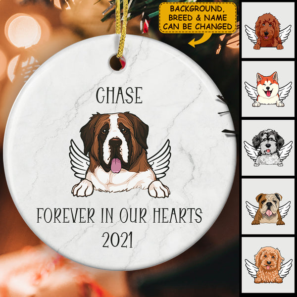 Forever In Our Hearts Ornament - Custom Dog Breed & Name Bauble - Dog Memorial Ornament - Pet Keepsake