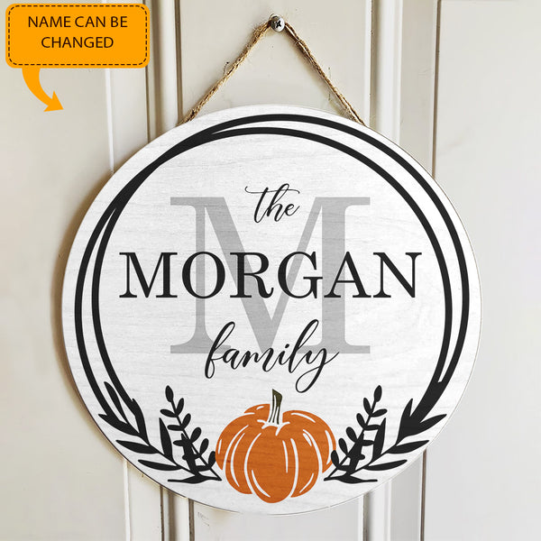 Hello Fall Pumpkin - Personalized Custom Family Name Monogram Door Sign Housewarming Gift