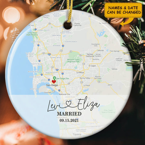Personalized Custom Map, Names & Date - Engagement Wedding Gift For Just Married Couple Ornament