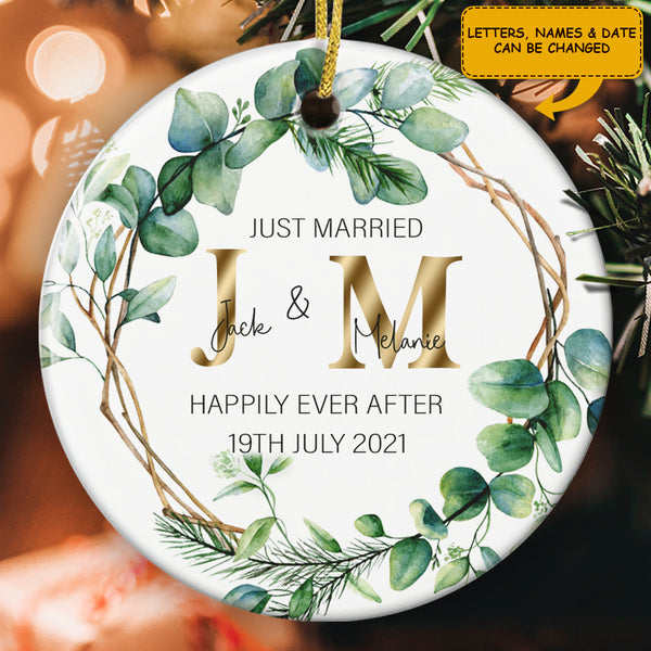 Just Married Mr & Mrs. Wedding Happily Ever After - Personalized Custom Names Floral Ornaments