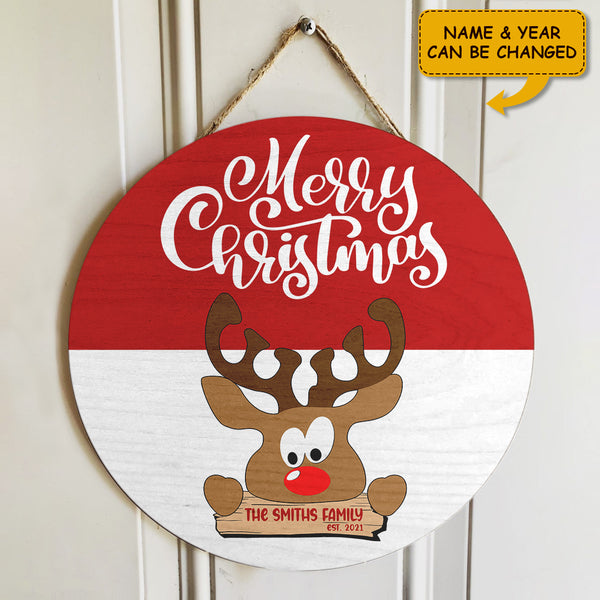 Merry Christmas - Cute Reindeer - Family Name Sign - Xmas Front Door Decor - Christmas Door Hanger