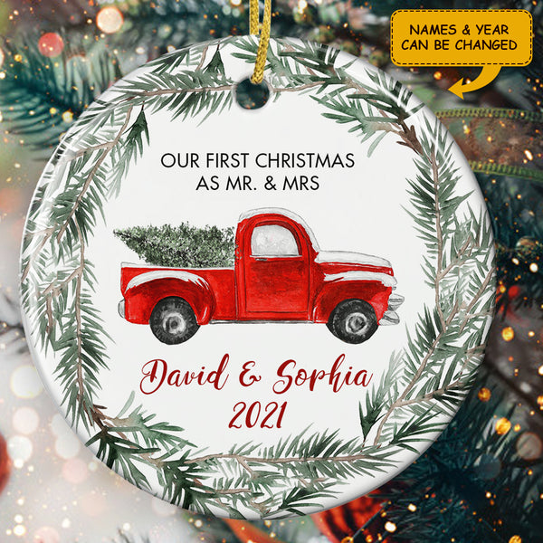 First Christmas As Mr. And Mrs - Red Truck Wreath - Personalized Custom Names Wedding Ornament