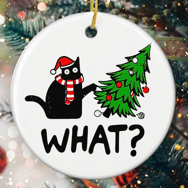 Black Naughty Cat & Xmas Tree Decor - Christmas Ceramic Keepsake Ornament - Gift For Cat Lover