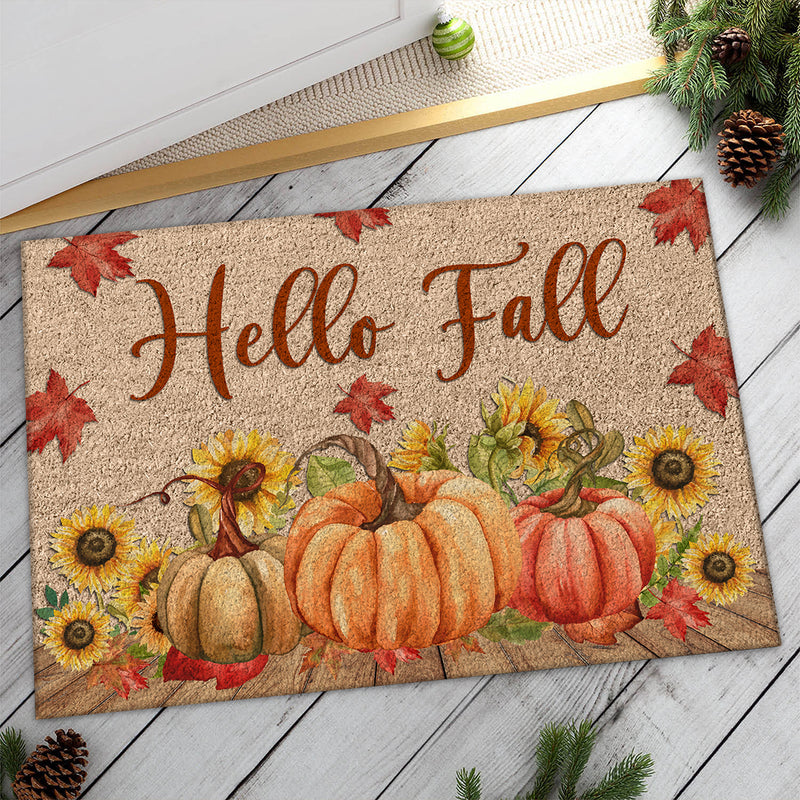 Hello Fall - Rustic Welcome Autumn Pumpkin & Maple Leaves - New Home Gift Doormat