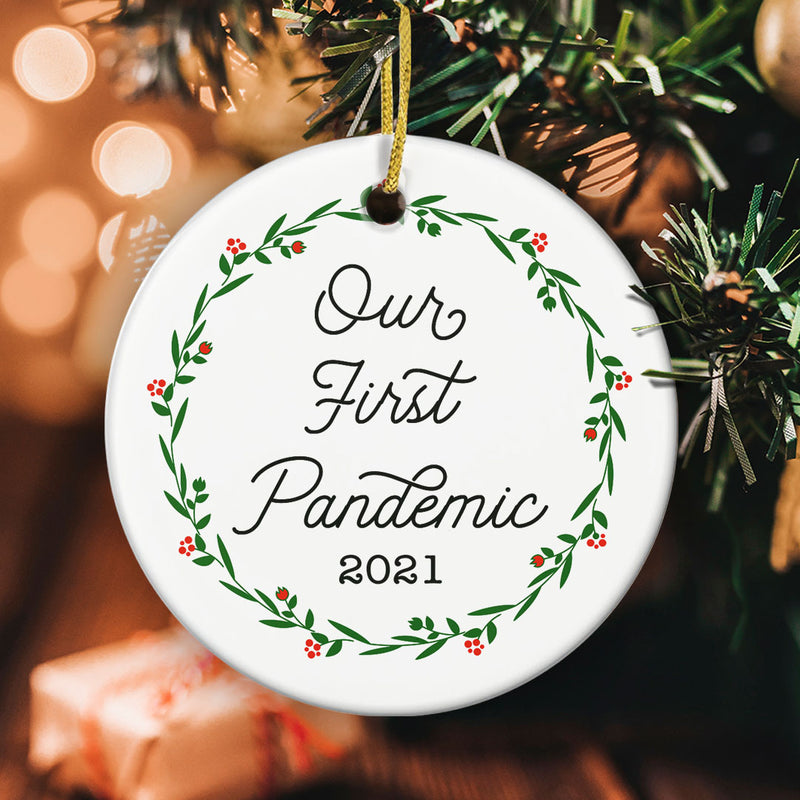 Our First Pandemic 2021 - Wedding Just Married Couple Gift - Rustic Wreath Ceramic Christmas Ornament