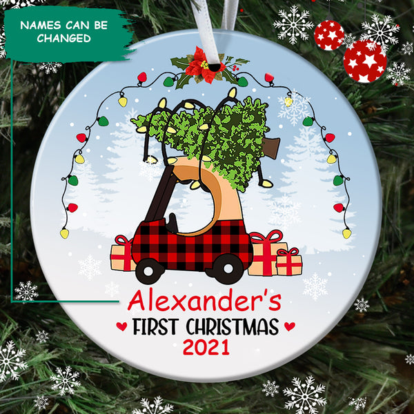 First Christmas - Cute Xmas Tree On Plaid Truck - Personalized Custom Name Ornament Gift