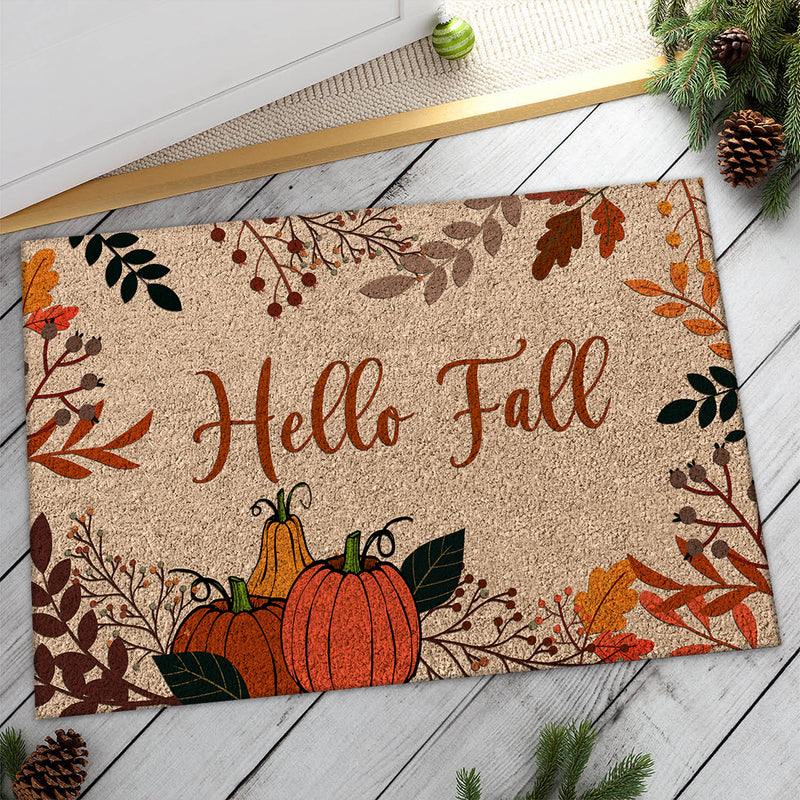 Hello Fall - Welcome Pumpkin & Autumn Leaves - Vintage Housewarming Gift Front Doormat