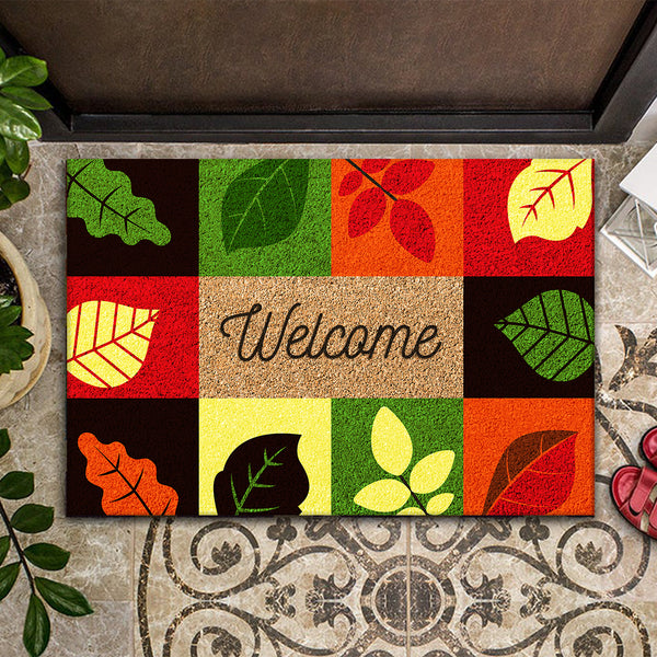 Welcome Fall - Autumn Leaves Decoration - Rustic New Home Rug - Housewarming Gift Doormat