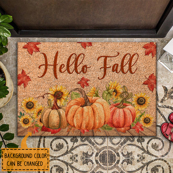 Hello Fall - Rustic Welcome Autumn Pumpkin & Maple Leaves - New Home Gift Doormat