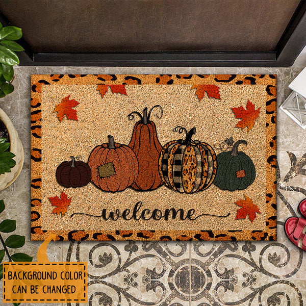 Welcome Pumpkin - Fall Leopard & Plaid Decor - Rustic Autumn Housewarming Gift New Home Doormat