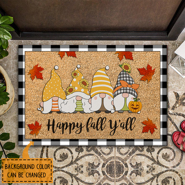Happy Fall Y'all - Cute Gnomes & Maple Leaves Decor - Autumn Housewarming Gift Plaid Doormat