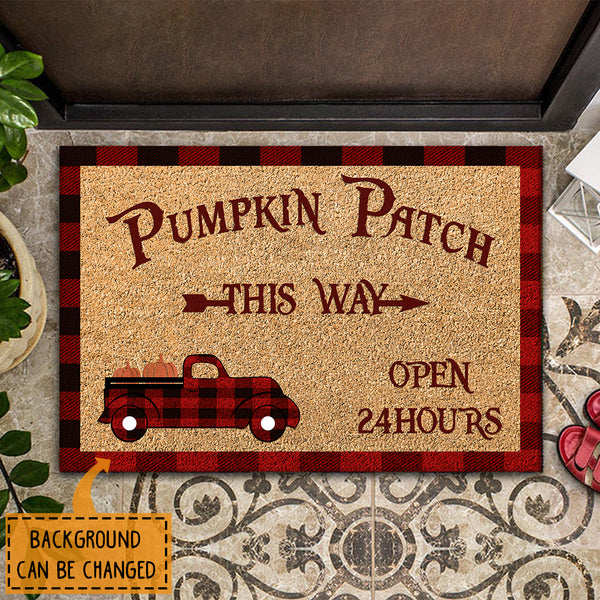 Pumpkin Patch This Way Open 24 Hours - Leopard & Plaid Fall Doormat - Autumn New Home Gift
