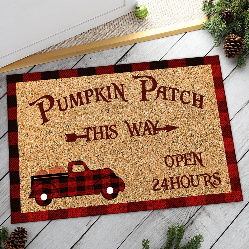 Pumpkin Patch This Way Open 24 Hours - Leopard & Plaid Fall Doormat - Autumn New Home Gift