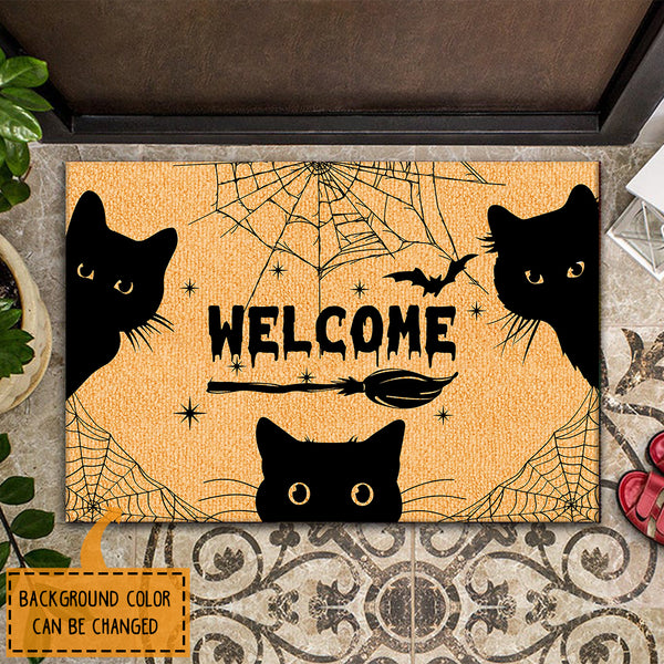 Welcome - Spooky Black Cats Decor - Happy Halloween Doormat - Rustic New Home Mat Gift