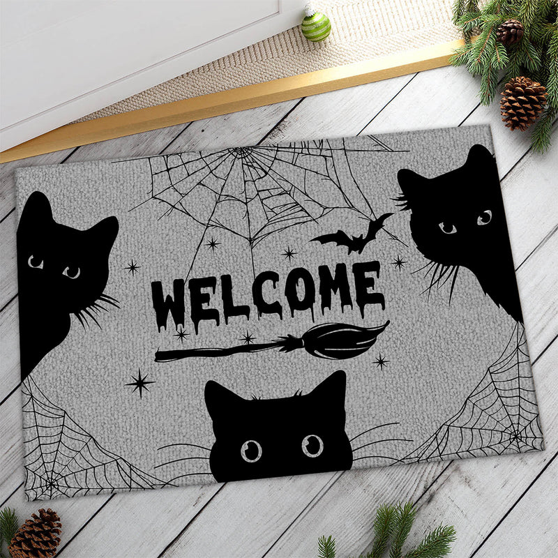 Welcome - Spooky Black Cats Decor - Happy Halloween Doormat - Rustic New Home Mat Gift