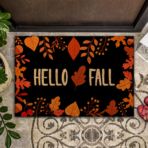 Hello Fall - Autumn Leaves Decoration - Rustic Welcome Housewarming Gift Rug Doormat