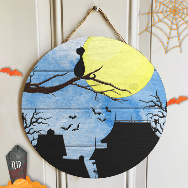 Black Cat & Moon - Horrible Halloween - Door Hanger Sign - Halloween House Decor