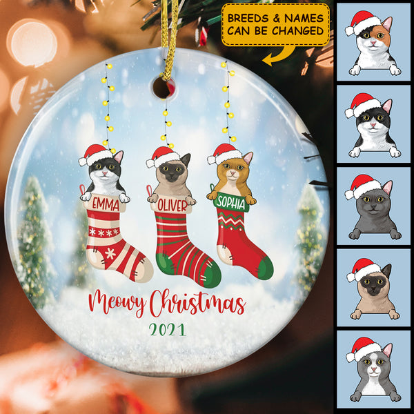 Meowy Christmas - Custom Peeking Cats In Socks Christmas Ornament - Xmas Gift For Cat Lovers