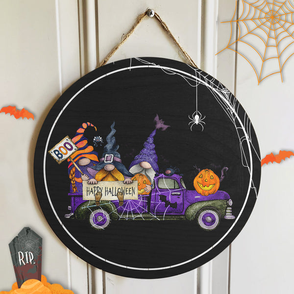 Happy Halloween Boo - Purple Gnome Truck Decoration - Welcome Door Wreath Hanger Sign