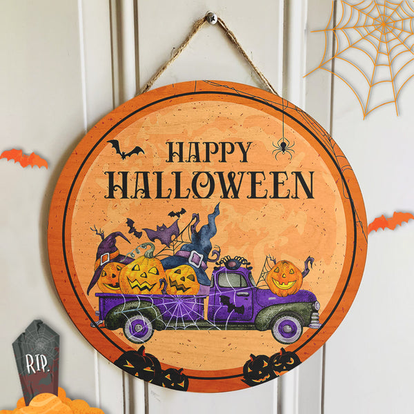 Happy Halloween - Creepy Pumpkins On Truck Decor - Wooden Welcome Door Hanger Sign