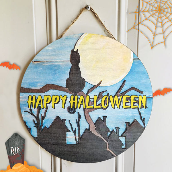 Happy Halloween - Black Cat And Moon - Creepy Halloween Door Sign - Spooky Halloween House Decor