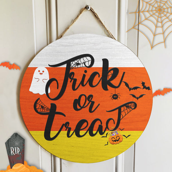 Trick Or Treat - Cute Ghost - Spiderweb Door Hanger Sign - Halloween House Decor