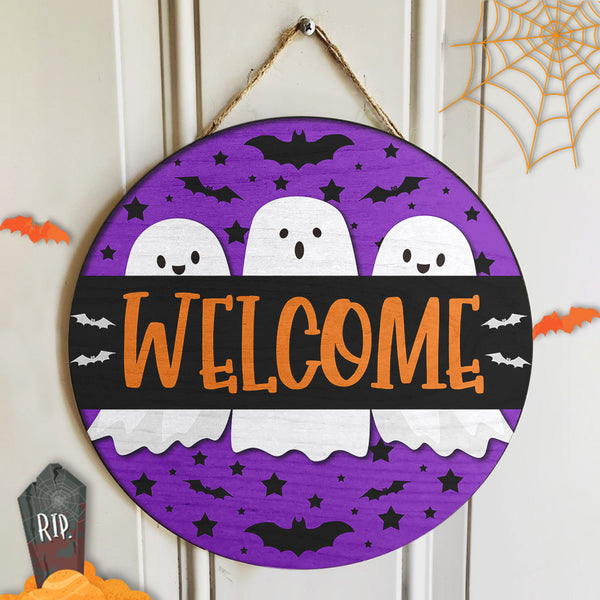 Welcome - Cute Ghosts - Welcome Halloween Door Sign - Horror Halloween House Decor