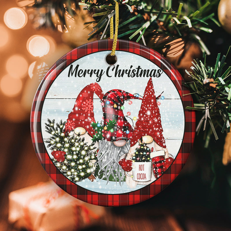 Red Gnomes Decor - Merry Christmas Ornament -  Rustic Ceramic Xmas Tree Keepsake Family Gift