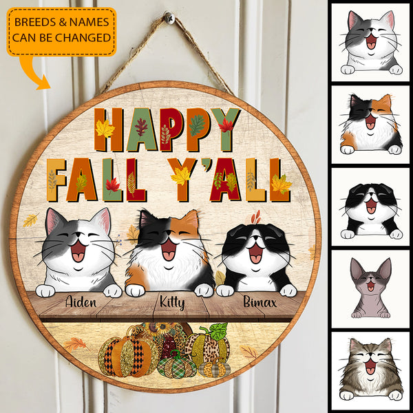 Happy Fall Y'all - Leopard Pumpkin Decoration - Personalized Cat Autumn Door Hanger Sign