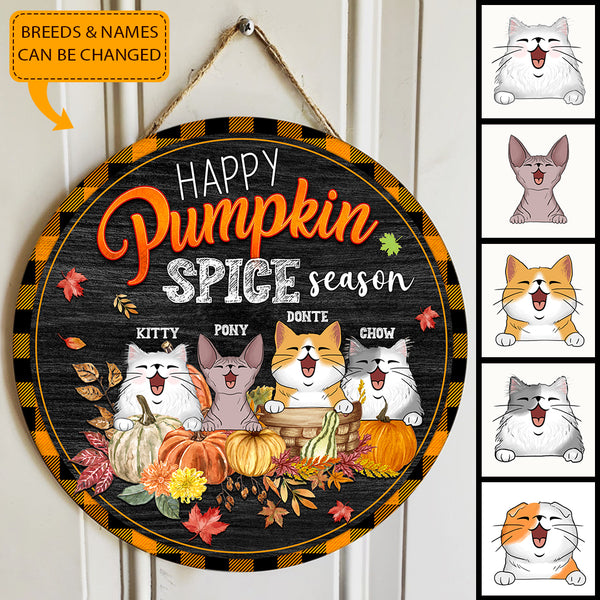 Happy Pumpkin Spice Season - Personalized Cat Fall Halloween Door Hanger Sign