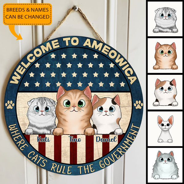 Welcome To Ameowica Where Cat Rule The Government - Personalized Cat Door Hanger Sign