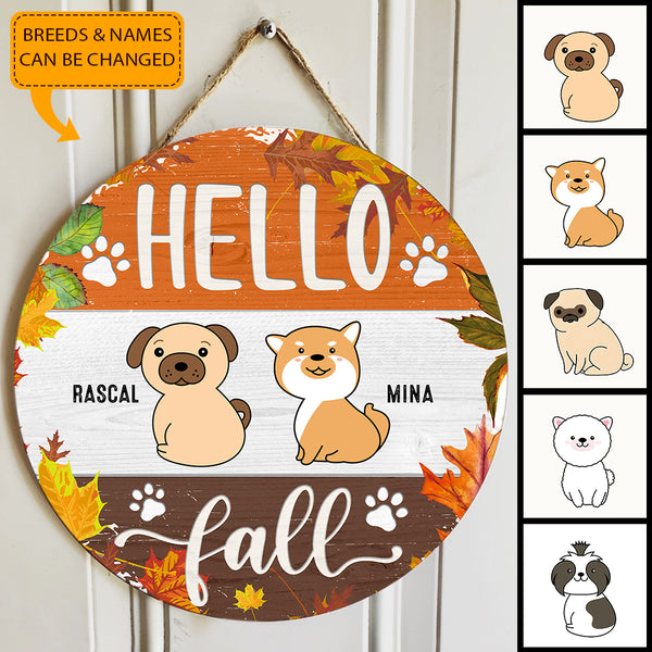 Hello Fall - Maples Leaves Decoration - Personalized Cute Dog Autumn Door Hanger Sign